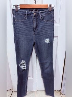 Hollister Women's Distressed High-Rise Skinny Jeans - Dark Wash Blue
